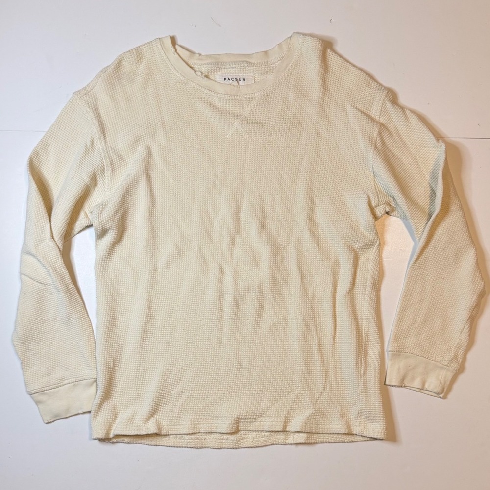PacSun Waffle Knit Thermal Mens Medium Cream Distressed Cotton Long Sleeve Shirt